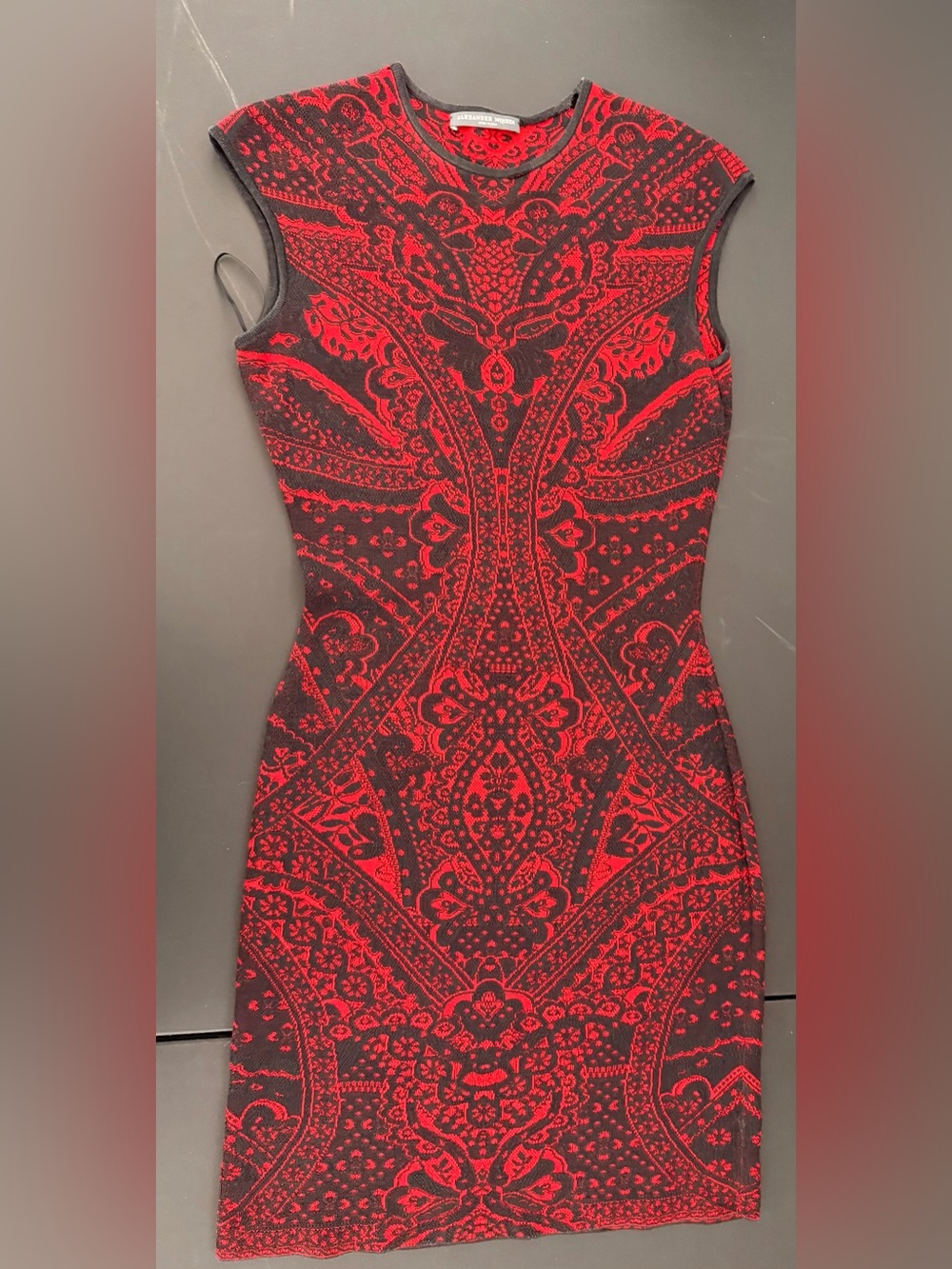 Alexander McQueen Red & Black Jacquard Knit Bodycon Dress